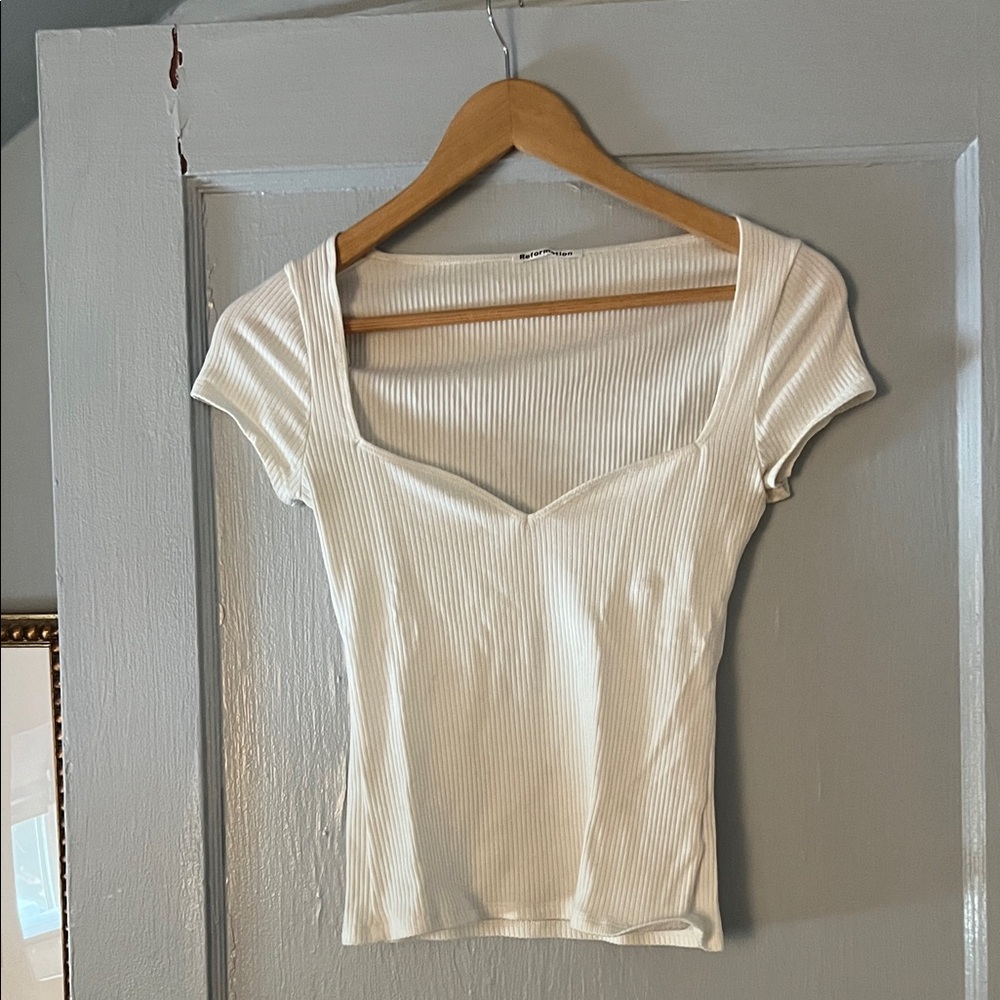 Reformation Cream Ribbed Sweetheart Top